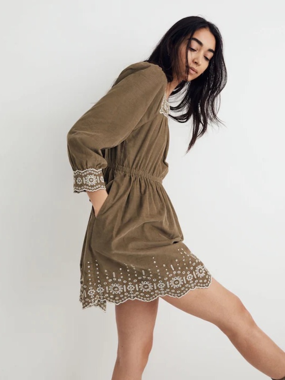 Madewell Bohemian Embroidered Corduroy Square-Neck Mini Dress Olive Green Size M